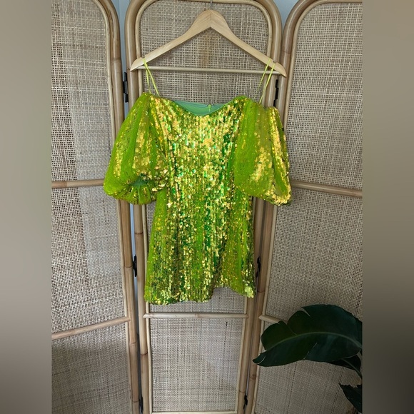 RHODE Dali sequin off the shoulder puff sleeves party dress chartreuse - Picture 3 of 7